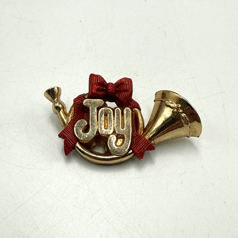 Vintage 1983‎ Hallmark Joy French Horn Christmas Brooch Gold Tone Red Bow Pin